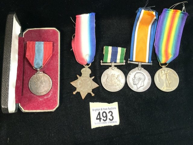 A COLLECTION OF MILITARY MEDALS AND RIBBONS INCLUDING; A BOXED IMPERIAL SERVICE MEDAL; STAMPED '