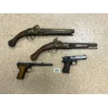 TWO REPRODUCTION FLINTLOCK PISTOLS, A JAGUARMATIC PISTOL AND A DIANA MOD.2 PISTOL