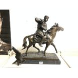 A LARGE BRONZE MODEL OF A FALCONER ON HORSEBACK; ON RECTANGULAR MARBLE BASE; LENGTH 43CM; A/F