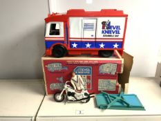 ORIGINAL BOX IDEAL TOYS; EVIL KNIEVEL, SCRAMBLE VAN AND ACCESSORIES