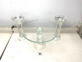 GALWAY GLASS CANDLESTICKS; 21CM WITH A PEDESTAL GLASS STAND; 24.5 DIAMETER