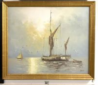 OIL ON CANVAS SIGNED JOHN OF A SAILING BOAT; FRAMED 66 X 56CM