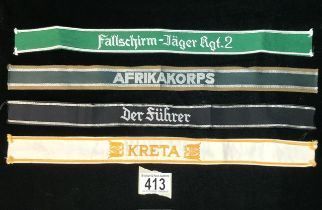 A QUANTITY OF MILITARY CUFF / CAP TITLES INCLUDING; KRETA, AFRIKAKORPS AND OTHERS