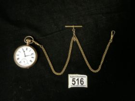 AN ANTIQUE GILT CASED FOB WATCH AND CHAIN; CASE BY DENNISON WATCH CASE CO. LTD, CHAIN WITH MAKERS