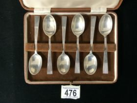 CASED HALLMARKED SILVER ART DECO STYLE SPOONS BY COOPER BROTHERS; DATED 1945; 103 GRAMS