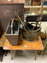 MIXED ITEMS BRASS FIRE IRONS; COAL BUCKET; COPPER MAGAZINE RACK AND SIDE TABLE