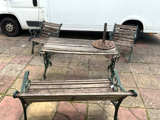 VINTAGE GARDEN TABLE WITH BENCH AND TWO CHAIRS AND METAL PARASOL BASE A/F 140 X 66CM - Image 3 of 4