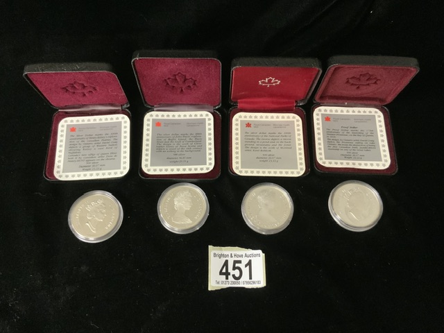 FOUR CASED SILVER CANADA DOLLARS; 1991,1987, 1985 AND 1990; TOTAL GRAMS 93.5