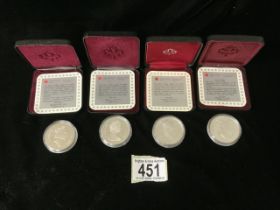 FOUR CASED SILVER CANADA DOLLARS; 1991,1987, 1985 AND 1990; TOTAL GRAMS 93.5