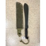MILITARY BOLO KNIFE WITH CANVAS SHEATH DATED 1944 BLADE LENGTH 37CM
