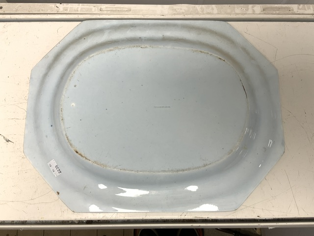 AN ANTIQUE BLUE AND WHITE TRANSFEWARE PLATTER BY BRAMELD; RECTANGULAR FORM WITH CUT CORNERS; GADROON - Image 2 of 3