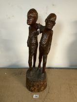 LARGE WOOD SCULPTURE OF TWO FIGURES; 64 CM
