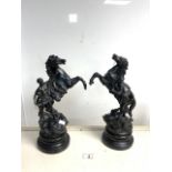 PAIR OF SPELTER HORSES REARING ON WOODEN BASES; 39CM