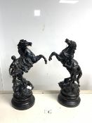 PAIR OF SPELTER HORSES REARING ON WOODEN BASES; 39CM