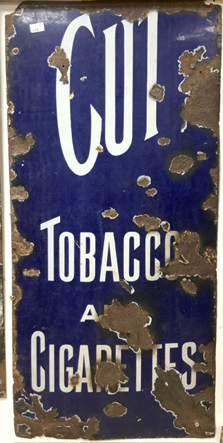 VINTAGE ENAMEL ADVERTISING SIGN CUT TOBACCO AND CIGARETTES; 89 X 41CM