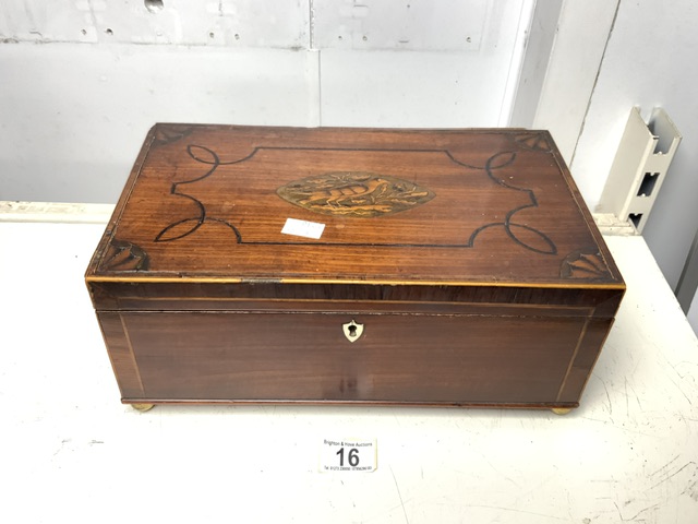 VICTORIAN MAHOGANY AND BOXWOOD STRUNG SEWING BOX WITH VINTAGE CONTENTS; 33 X 19CM