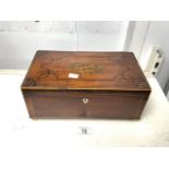 VICTORIAN MAHOGANY AND BOXWOOD STRUNG SEWING BOX WITH VINTAGE CONTENTS; 33 X 19CM