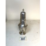 EDWARDIAN HALLMARKED SILVER BALUSTER SHAPED SUGAR SIFTER WITH STRAPWORK DECORATION ON STEPPED