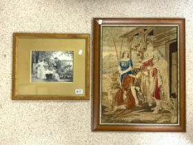 VICTORIAN TAPESTRY PICTURE; 'THE PRODIGAL SON'; 54 X 42CM, WITH A FRENCH WOVEN SILK PICTURE -