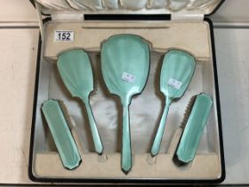VINTAGE SILVER PLATED AND GREEN GUILOCHE DRESSING TABLE BRUSH SET CASED