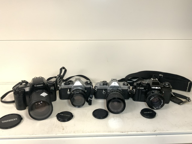 VINTAGE CAMERAS AND LENSES INCLUDES MINOLTA, TRAMRON, PENTAX, CANON, MAKINON - Image 2 of 2