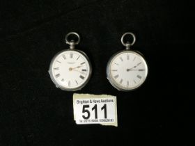 TWO SILVER CASED FOB WATCHES; ONE STAMPED 'FINE SILVER', BY J.W. BENSON; ENGRAVED DECORATION; ONE