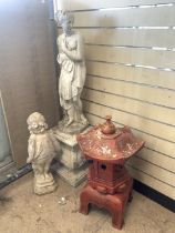 ORIENTAL GARDEN LANTERN RESIN 56CM WITH TWO RECLAIMED GARDEN STATUES AND PLINTH LARGEST 80CM