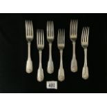 SET OF SIX GEORGE III HALLMARKED SILVER FIDDLE AND SHELL PATTERN TABLE FORKS; DATED 1807; BY WILLIAM