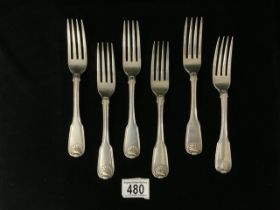 SET OF SIX GEORGE III HALLMARKED SILVER FIDDLE AND SHELL PATTERN TABLE FORKS; DATED 1807; BY WILLIAM