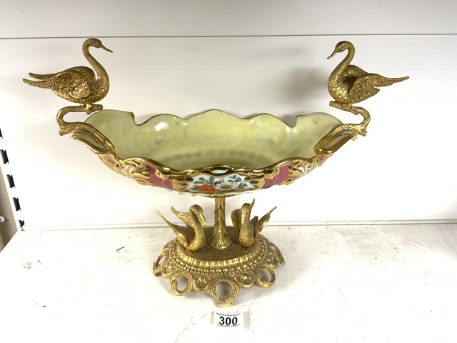 LARGE ORNATE ORMOLU AND PORCELAIN CONTINENTAL COMPORT DISH DECORATED WITH SWANS - Image 2 of 2