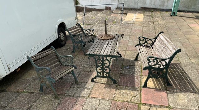 VINTAGE GARDEN TABLE WITH BENCH AND TWO CHAIRS AND METAL PARASOL BASE A/F 140 X 66CM - Image 2 of 4