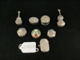 A QUANTITY OF SILVER PILL BOXES; VARIOUS SHAPES INCLUDING; ONE WITH ENAMELLED LID DEPICTING A