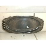 ARTS AND CRAFTS HAMMERED PEWTER TRAY; 51 X 22CM