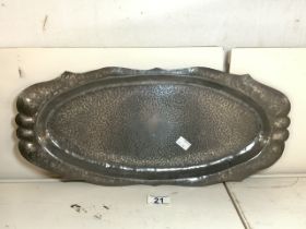 ARTS AND CRAFTS HAMMERED PEWTER TRAY; 51 X 22CM
