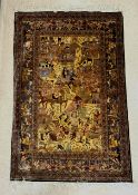 BEAUTIFUL KASHMIR INDIAN SILK RUG WITH FIGURES AND ANIMALS; 190 X 122
