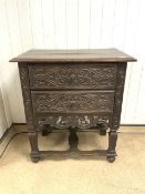 EARLY ANTIQUE CARVED TWO DRAWER CHEST 78 X 49 X 87CM