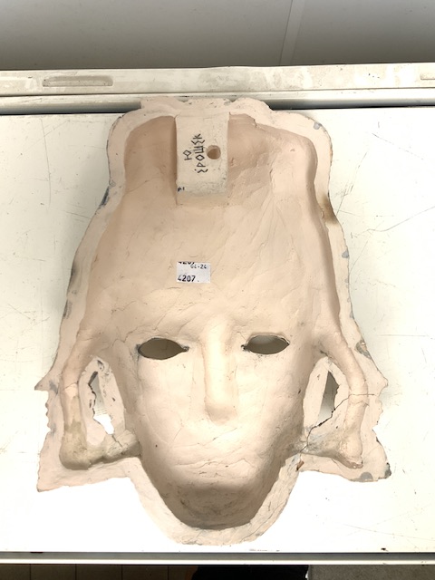 A PLASTER WALL HANGING MASK; POSSIBLY GREEK / EASTERN EUROPEAN; MODELLED AS A FACE IN TRADITIONAL - Image 2 of 3