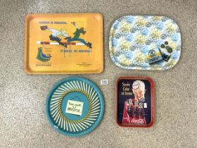 FOUR VINTAGE ADVERTISING METAL TRAYS; COCA COLA AND MORE