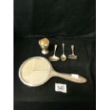 A QUANTITY OF SILVER ITEMS COMPRISING; AN EGG CUP AND SPOON BY WALKER & HALL; SHEFFIELD 1928; REED