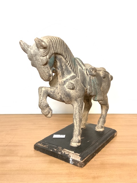 PAINTED CAST IRON TANG STYLE MODEL OF A HORSE ON RECTANGULAR PLINTH; 24CM. - Image 2 of 2