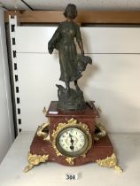 ANTIQUE FRENCH CLOCK WITH PINK MARBLE AND GILT ORMOLU WITH A SIGNED SPELTER FIGURE PENDULUM AND