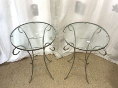 PAIR OF METAL AND GLASS GARDEN TABLES; 46 X 70CM