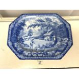 AN ANTIQUE BLUE AND WHITE TRANSFEWARE PLATTER BY BRAMELD; RECTANGULAR FORM WITH CUT CORNERS; GADROON