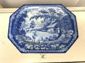 AN ANTIQUE BLUE AND WHITE TRANSFEWARE PLATTER BY BRAMELD; RECTANGULAR FORM WITH CUT CORNERS; GADROON