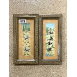 PAIR OF INDIAN RECTANGULAR PAINTED PANELS - EQUESTRIAN SCENES; 19 X 5.5CM; IN MOSAIC FRAMES