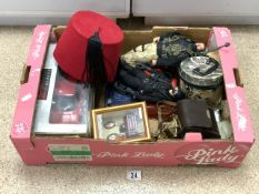 MIXED ITEMS MODEL CAR, FEZ, ACTION MAN, BINOCULARS AND MORE