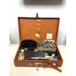 A VINTAGE WRITING CASE FILLED WITH AN ASSORTMENT OF ITEMS INCLUDING; CUFFLINKS, SUNGLASSES,
