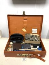 A VINTAGE WRITING CASE FILLED WITH AN ASSORTMENT OF ITEMS INCLUDING; CUFFLINKS, SUNGLASSES,