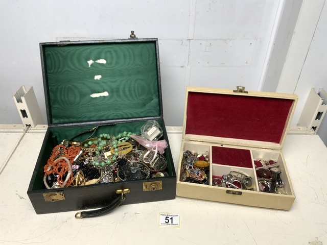 TWO VINTAGE JEWELLERY BOXES CONTAINING COSTUME JEWELLERY INCLUDING; NECKLACES, RINGS, BROOCHES,