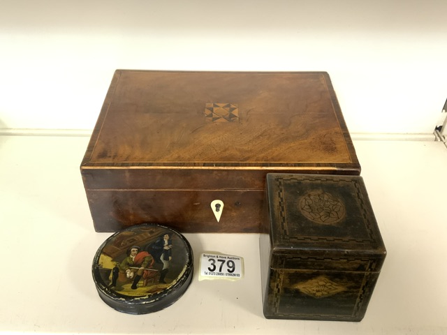 THREE BOXES INCLUDES EARLY CHINESE TEA BOX; 9 X 9CM, HAND PAINTED ROUND SNUFF BOX; 9CM